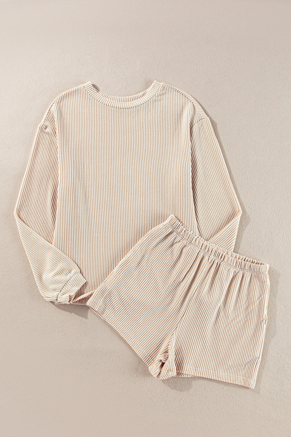 Cream Corded Knit Long Sleeve Top and High Waist Shorts Set