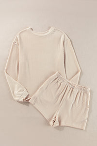 Cream Corded Knit Long Sleeve Top and High Waist Shorts Set