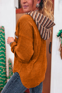 Rust Diamond Pattern Chest Pocket Hooded Henley Top