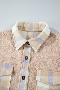 Beige Plaid Patchwork Collared Button-up Sherpa Long Coat