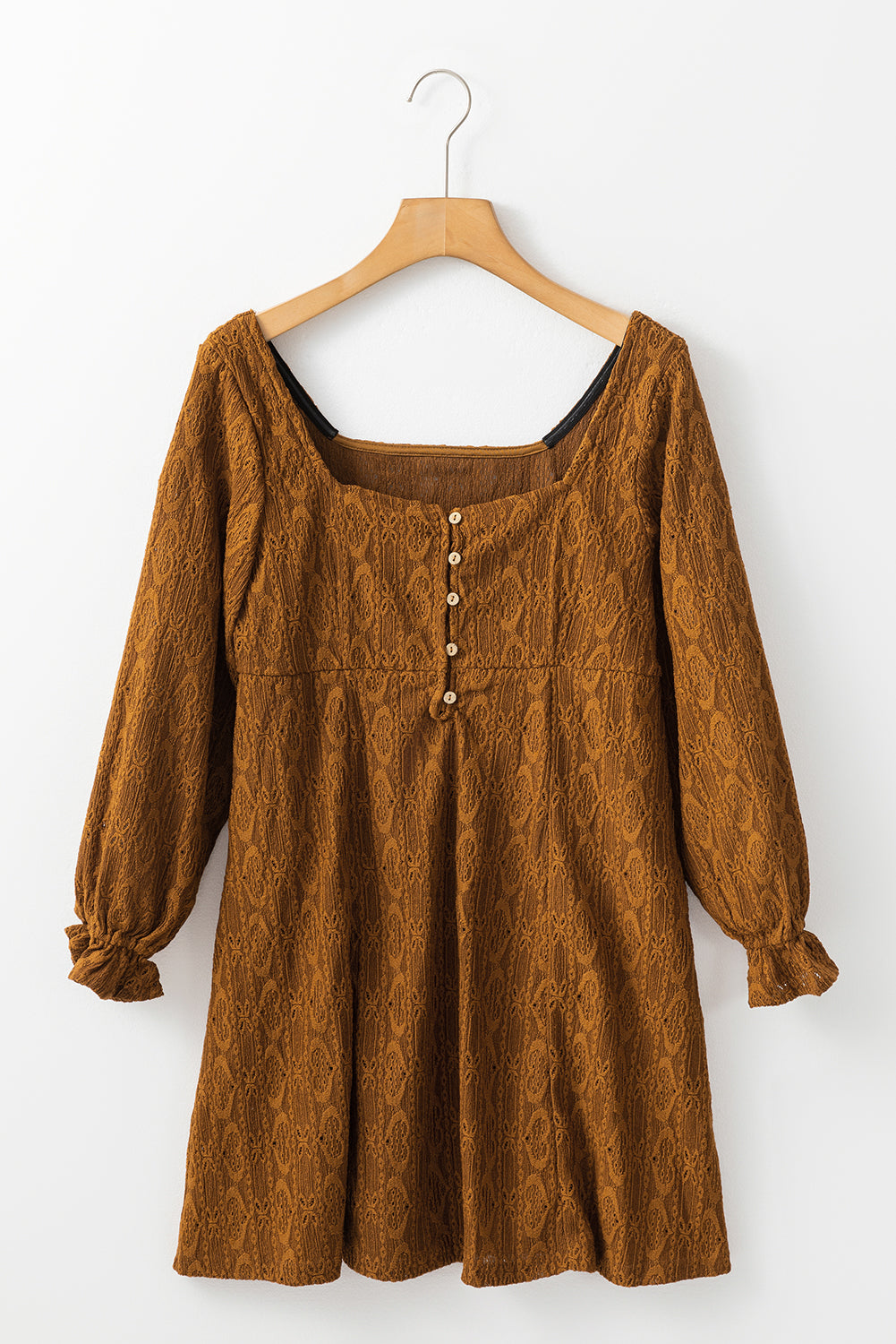 Chestnut Brown Buttoned Lace Square Neck Shift Mini Dress