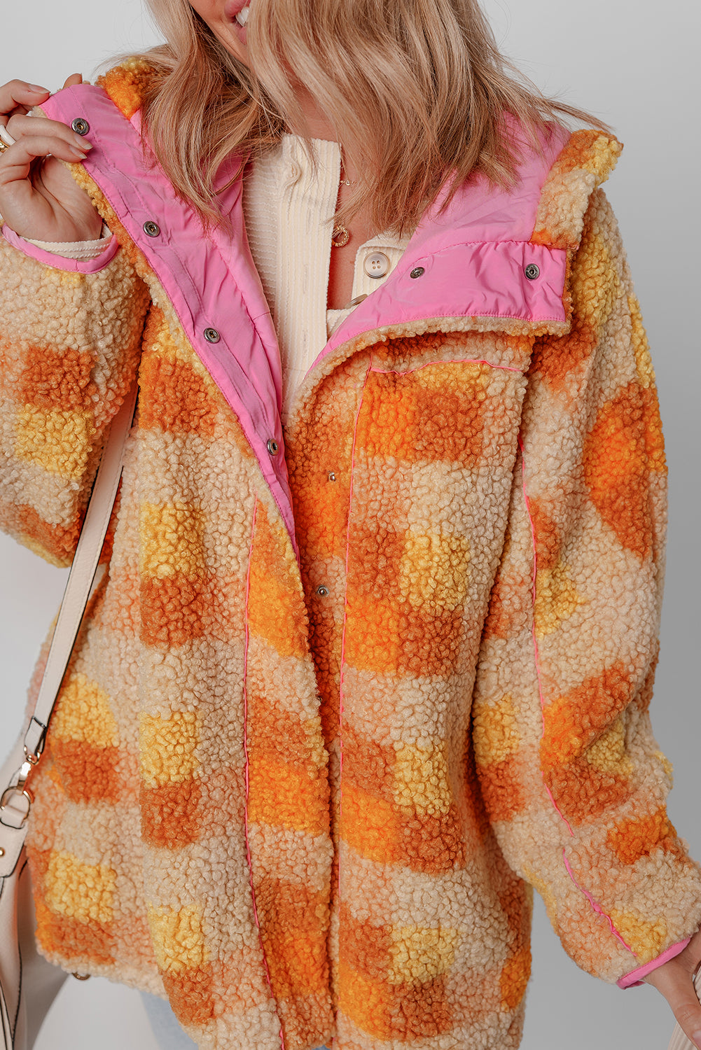 Orange & Yellow Checkered Sherpa Snap Up Pink Lined Hooded Jacket