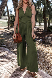 Moss Green Lightweight Sleeveless V-Neck Ruched Wide Leg Stretch Knit Jumpsuit