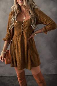 Chestnut Brown Buttoned Lace Square Neck Shift Mini Dress