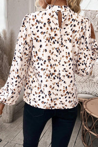 White with Brown & Black Confetti Print Lantern Sleeve Mock Neck Pleated Blouse