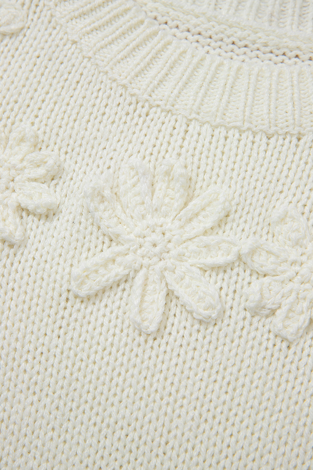 White Flower Embossed Neckline Puff Sleeve Sweater