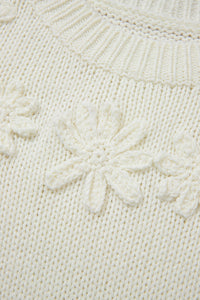 White Flower Embossed Neckline Puff Sleeve Sweater