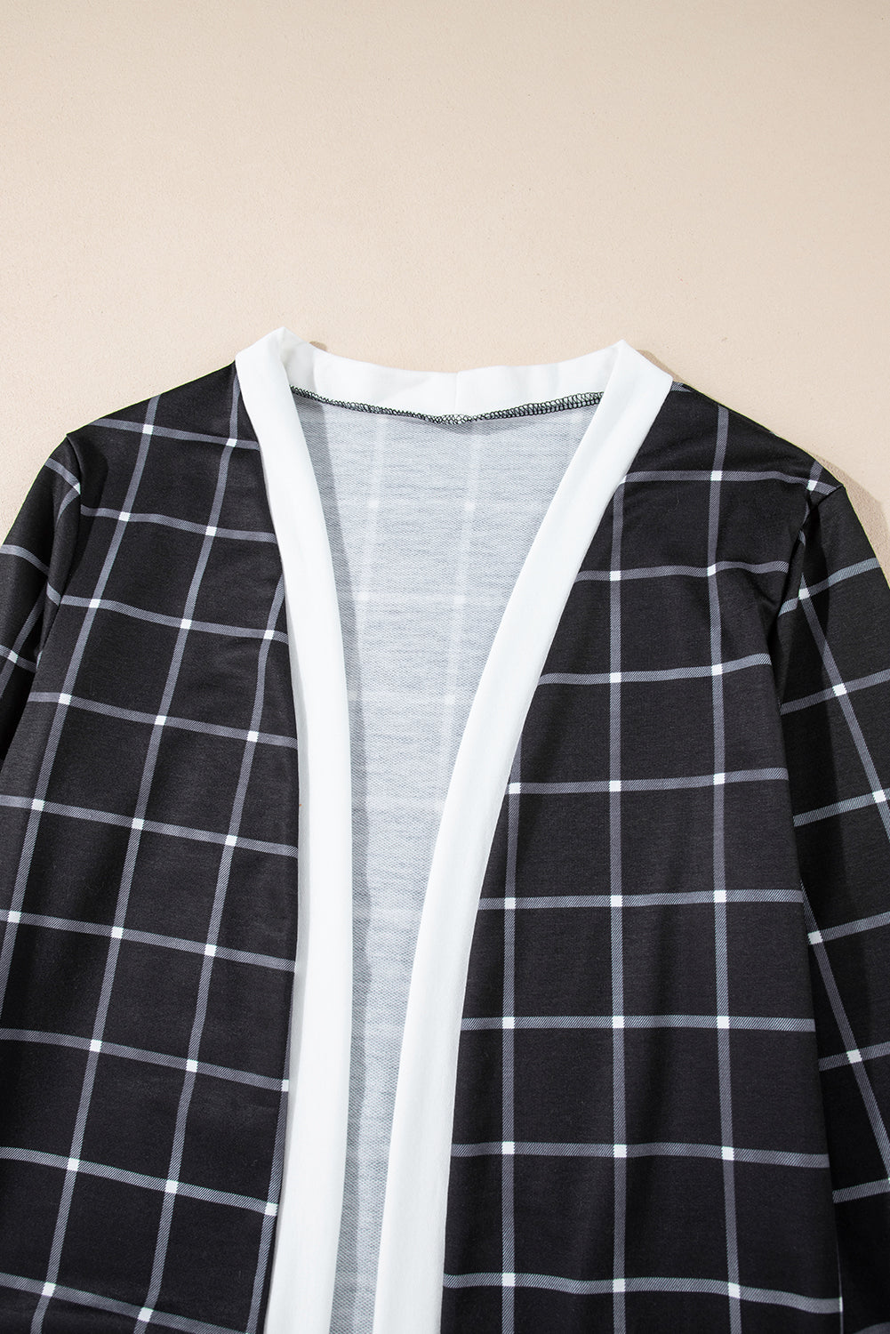 Black Window Pane Plaid Open Knit Cardigan with Pockets