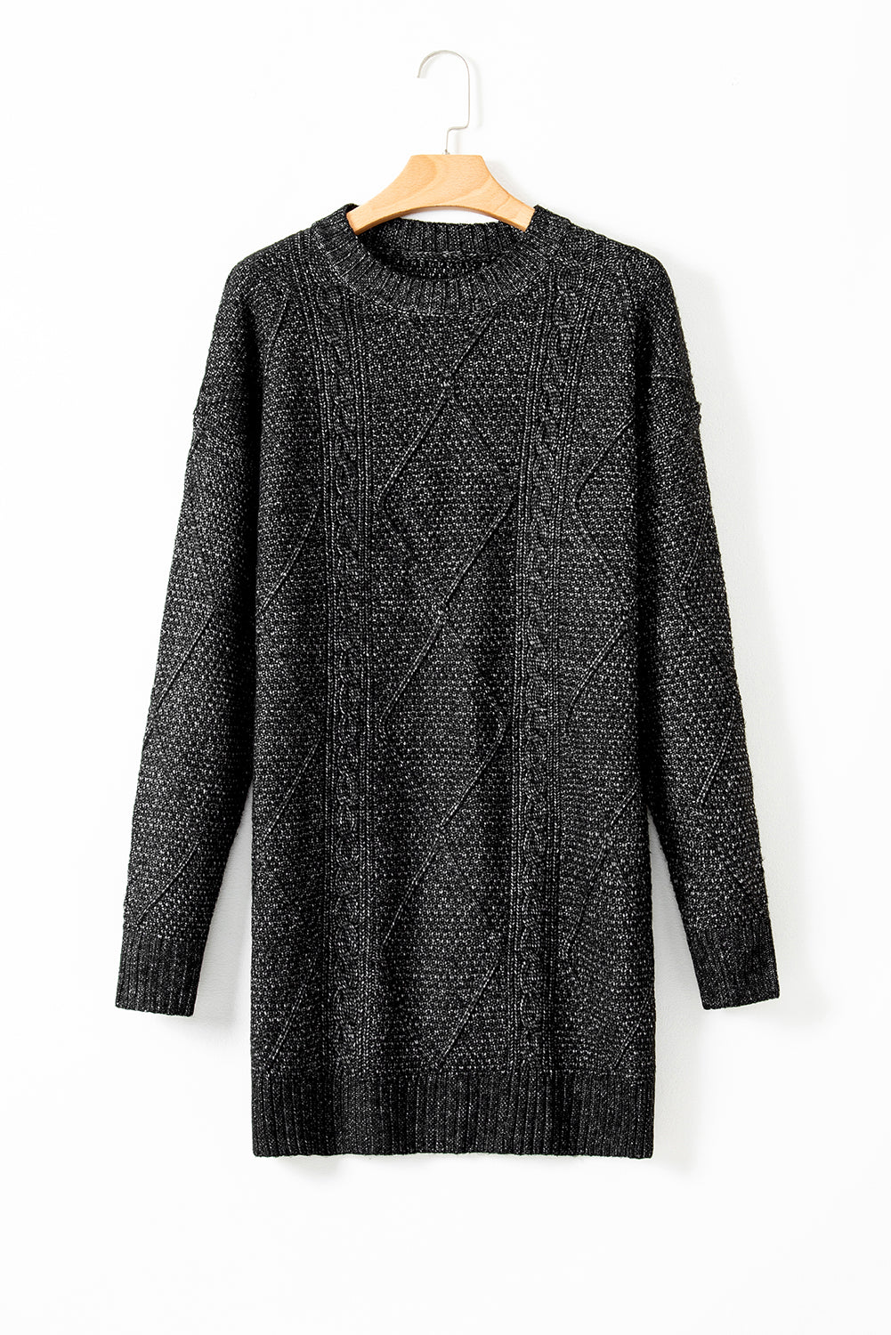 Black Drop Shoulder Loose Fit Cable Knit Sweater Dress