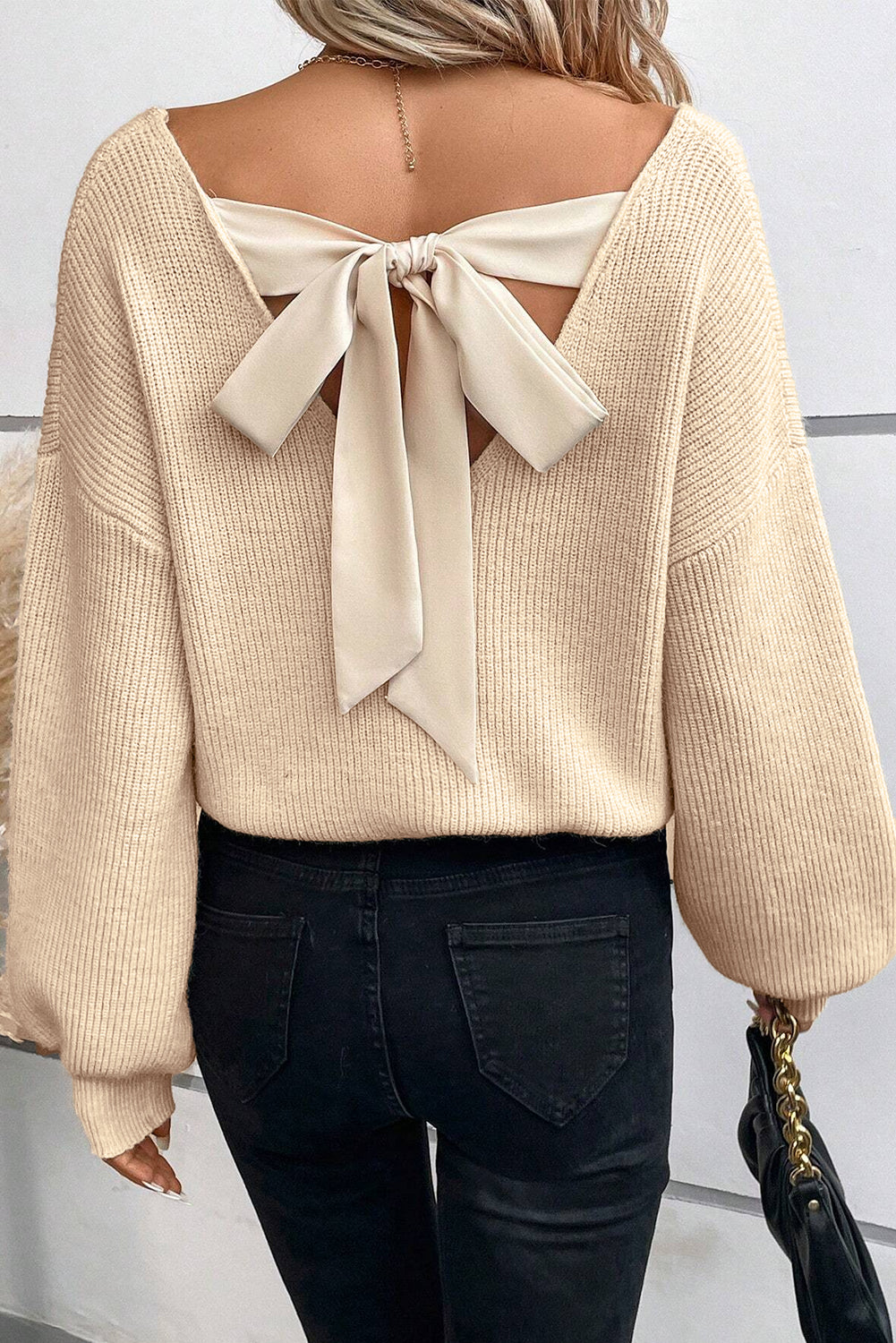 Beige Lantern Sleeve V-Neck Tied Open Back Knit Sweater