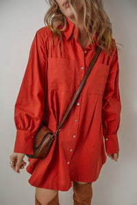 Rustic Red Bishop Sleeve Button Up Pleated Cotton Linen Mini Shirt Dress