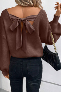 Coffee Lantern Sleeve V-Neck Open Tie Back Sweater