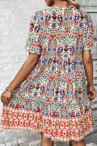 Orange Bohemian Print Tie Neck Ruffled Mini Dress