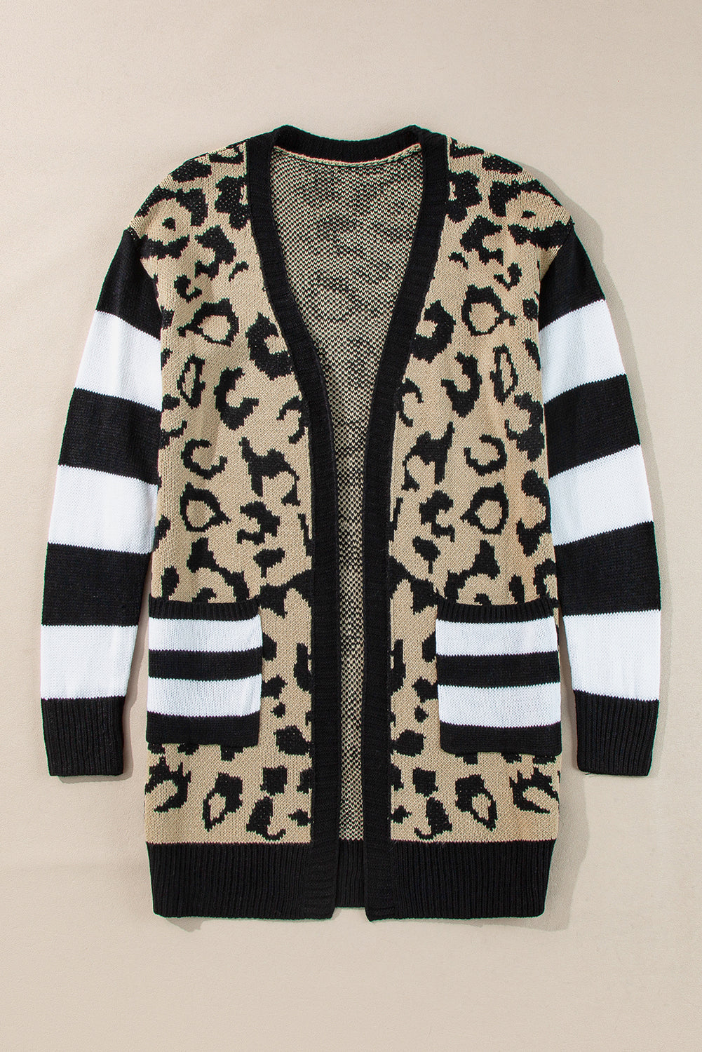 Stripe Sleeve Leopard Print Color Block Open Front Cardigan With Pockets