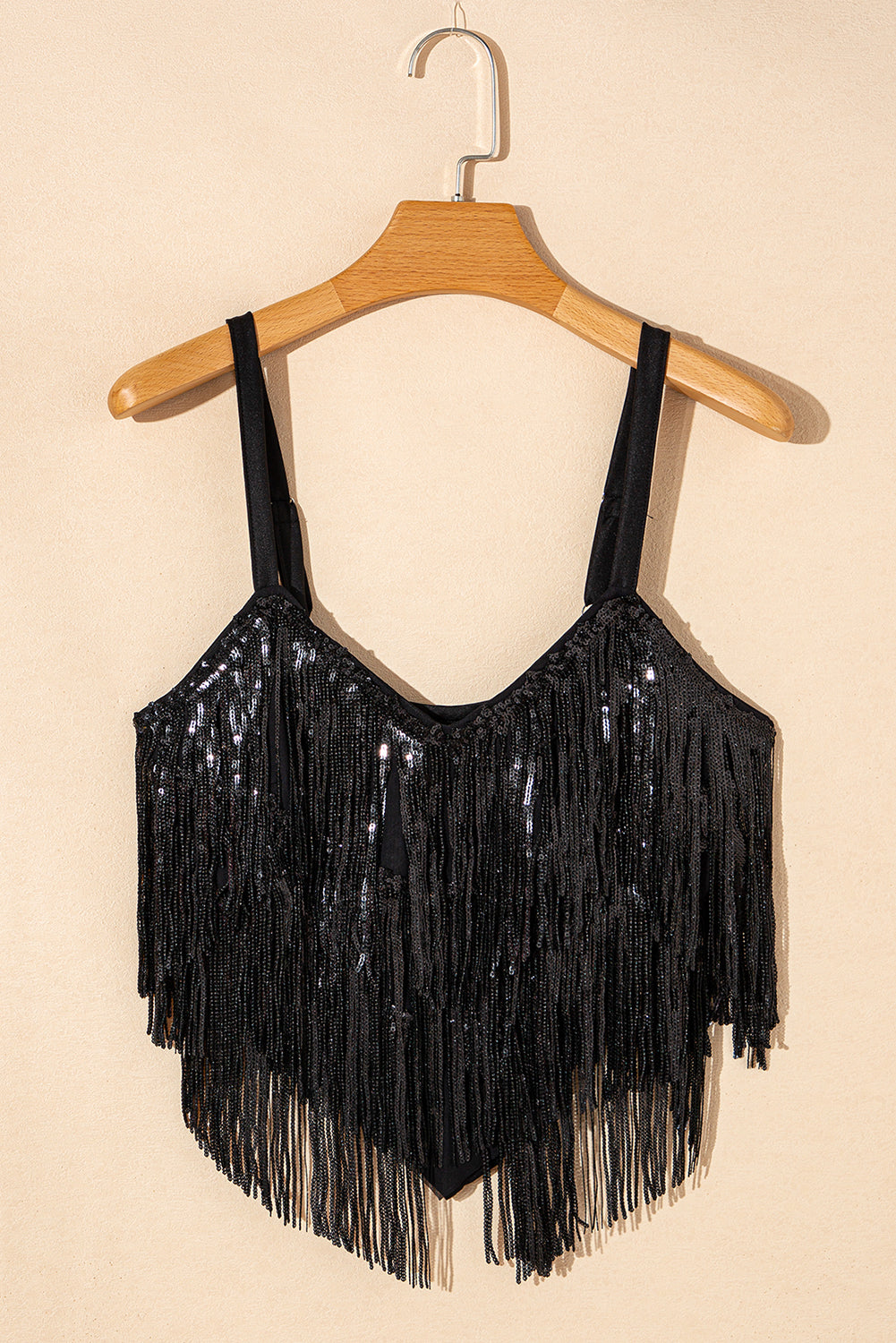 Black Sequined Fringe Cropped Strappy Tank Top