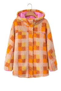 Orange & Yellow Checkered Sherpa Snap Up Pink Lined Hooded Jacket