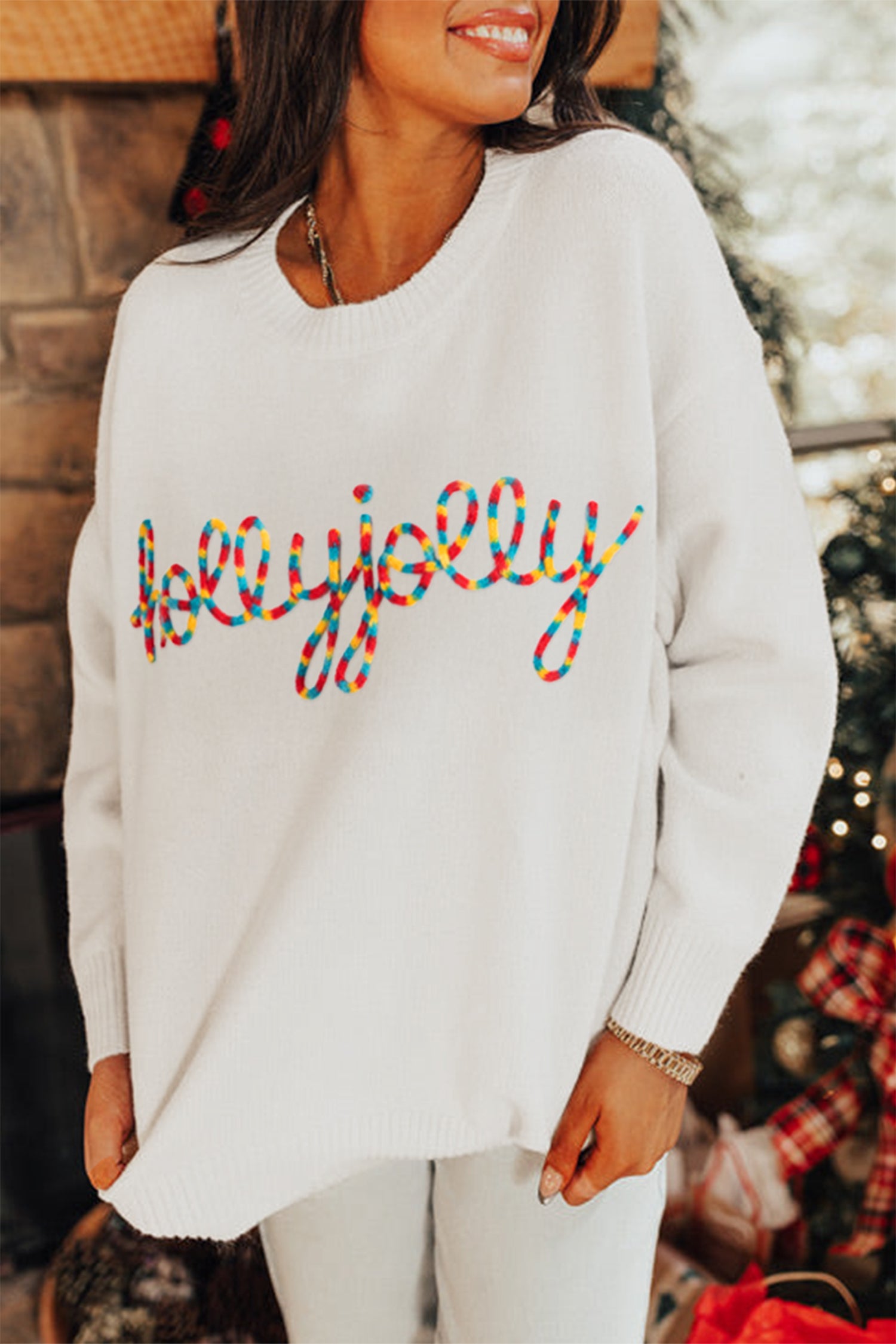 White Colorful Holly Jolly Embossed Lettering Christmas Sweater