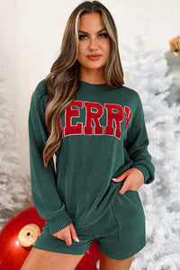 Pine Green Corded MERRY Graphic Long Sleeve Top and Shorts Set