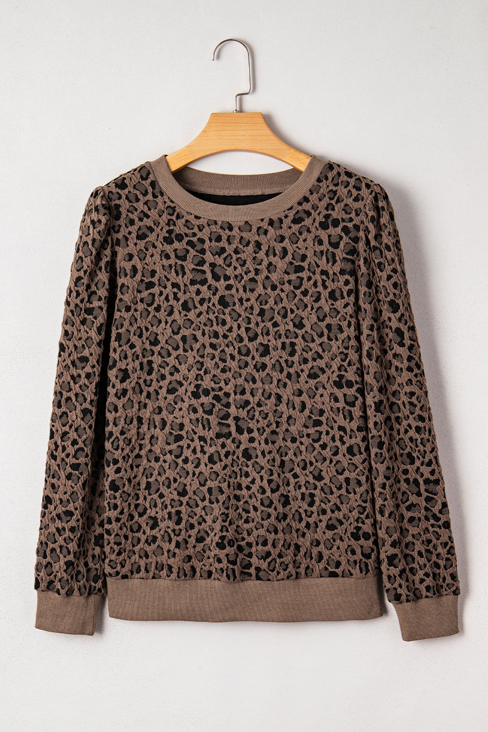 Brown Textured Leopard Print Puckered Shoulder Long Sleeve Top