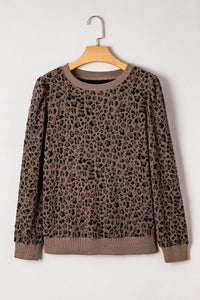 Brown Textured Leopard Print Puckered Shoulder Long Sleeve Top
