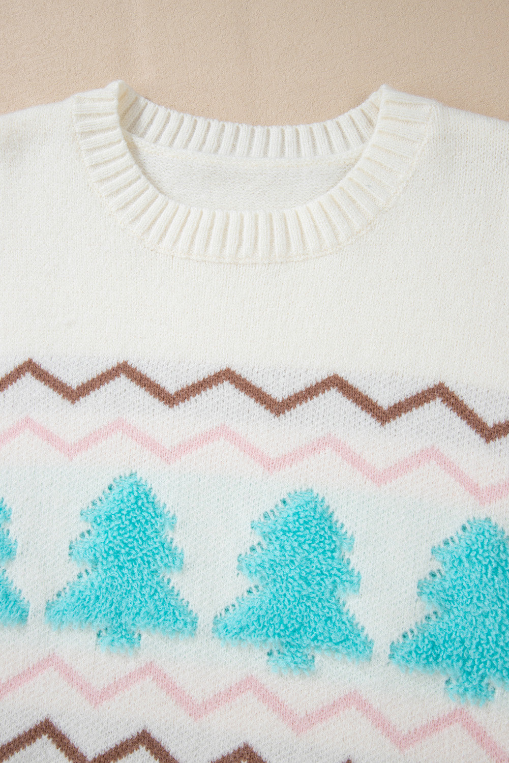 Pink & Tan Chevron Stripes with Turquoise Trees Design Knit Sweater