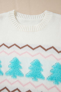 Pink & Tan Chevron Stripes with Turquoise Trees Design Knit Sweater