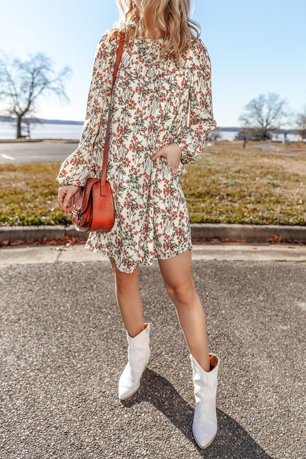 White Fall Floral Print  Long Sleeve Mini Dress