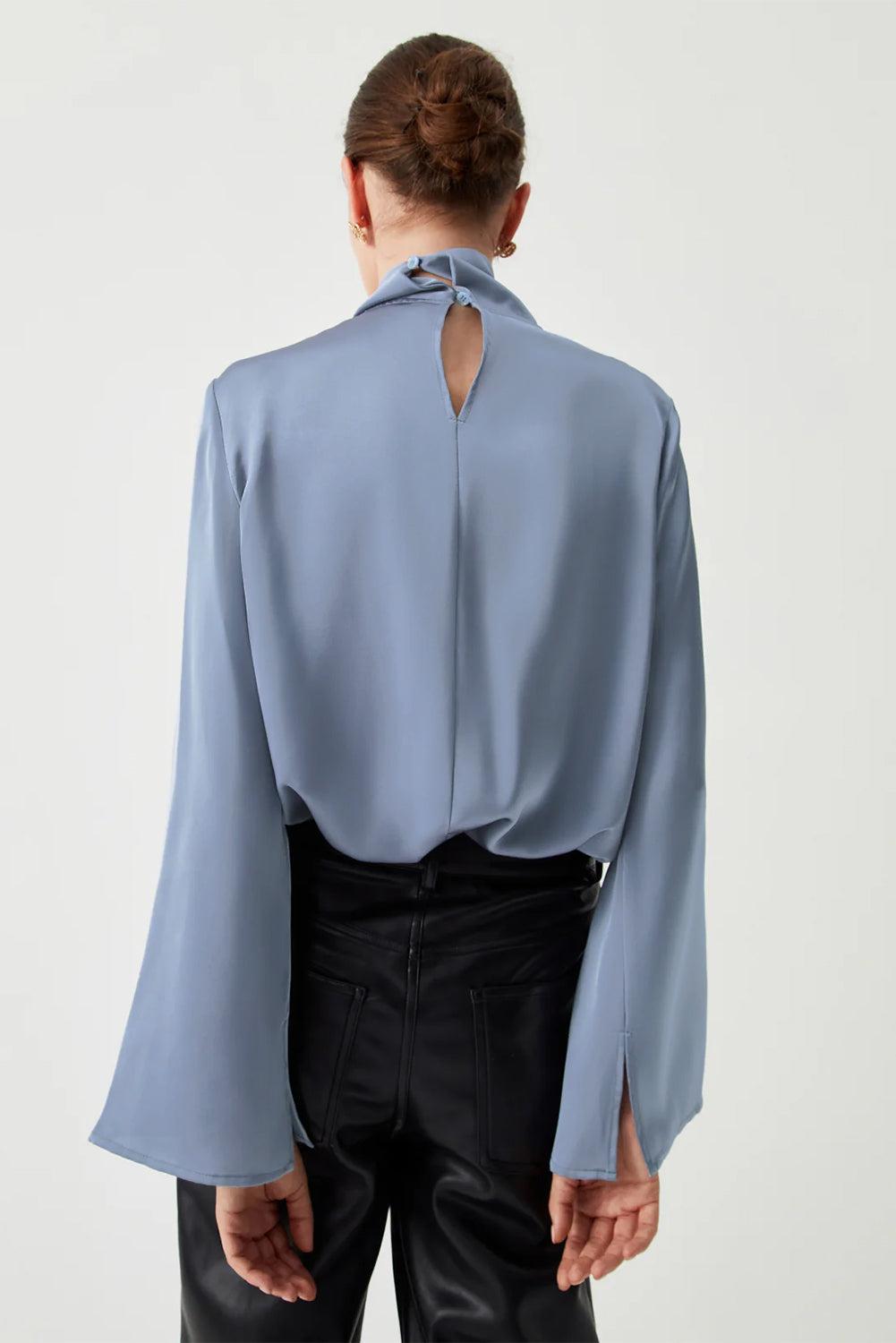 Dusty Blue Faux Wrap Mock Neck Bell Sleeve Blouse