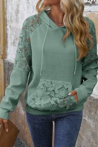 Sage Lace Raglan Sleeve Kangaroo Pocket Waffle Knit Hoodie