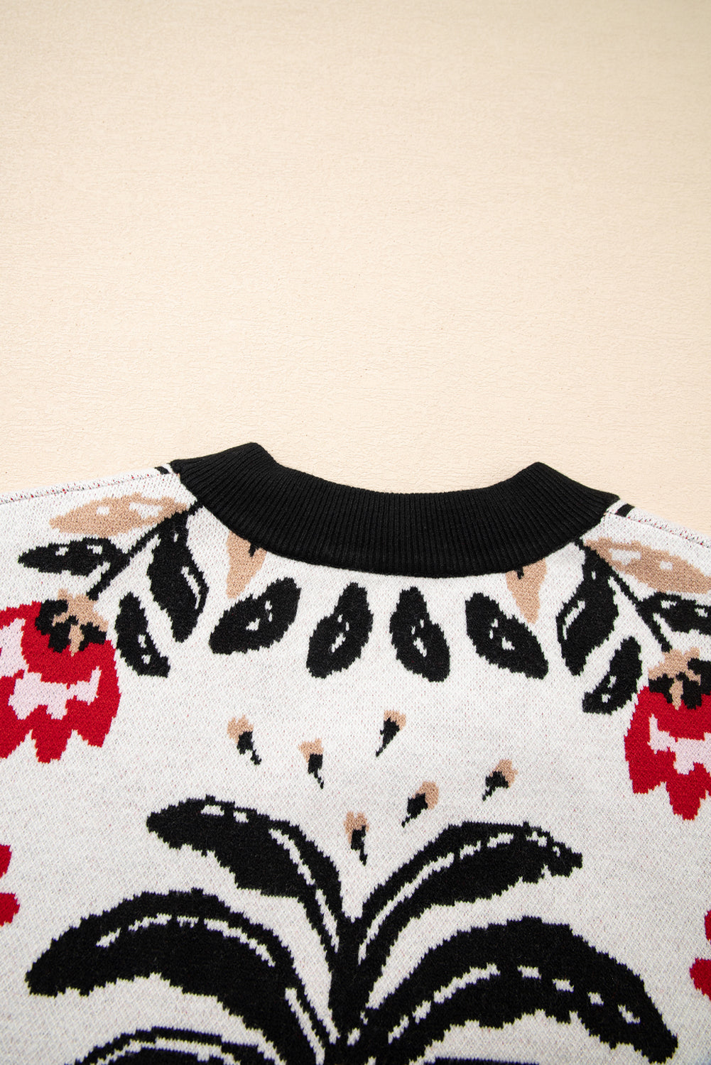 Red and Black Floral Print Button Down V-Neck Knit Cardigan