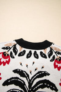 Red and Black Floral Print Button Down V-Neck Knit Cardigan