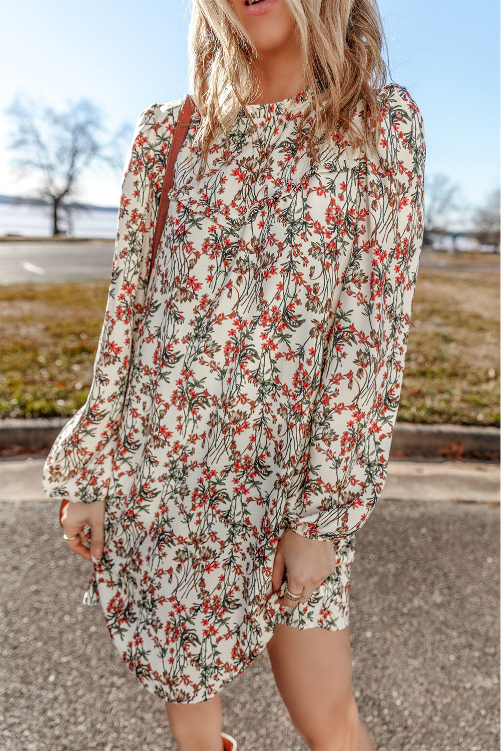 White Fall Floral Print  Long Sleeve Mini Dress