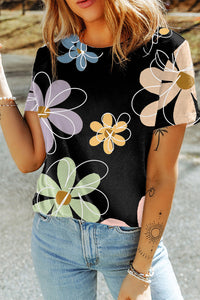 Black and Pastel Summer Flower Print Casual Round Neck T Shirt