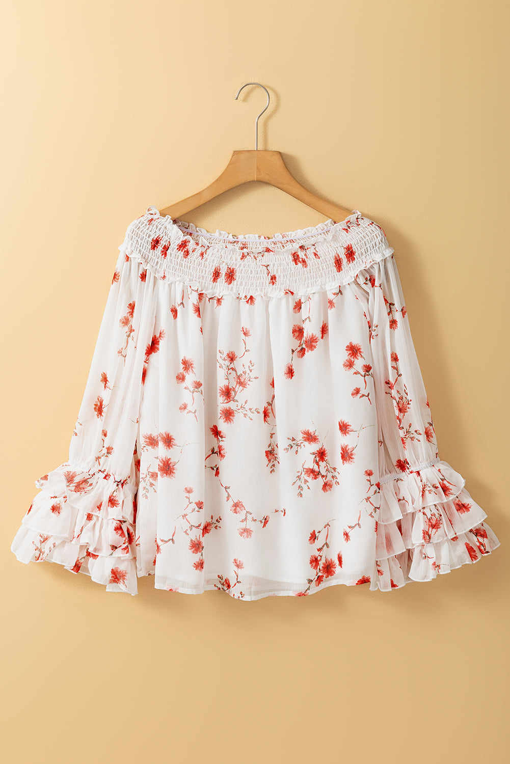 White and Orange Floral Print Shirred Off Shoulder Ruffled Sleeve Blouse