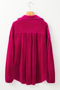 Dark Pink V-Neck Button-Up Long-sleeve Velour Shirt