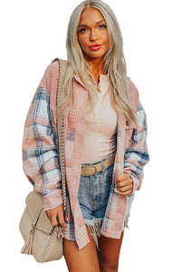 Light Pink & Blue Plaid Corduroy Color-block Chest Pockets Heavyweight Button-down Shirt