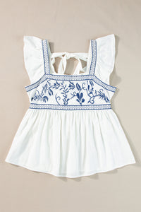 White with Blue Embroidered Bust Ruffled Sleeveless Tied Back Peplum Top