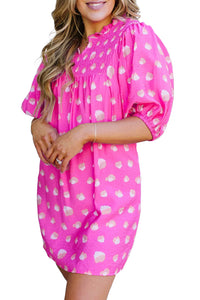 Bright Pink Spotted Print Half Puff Sleeve Flowy Dress