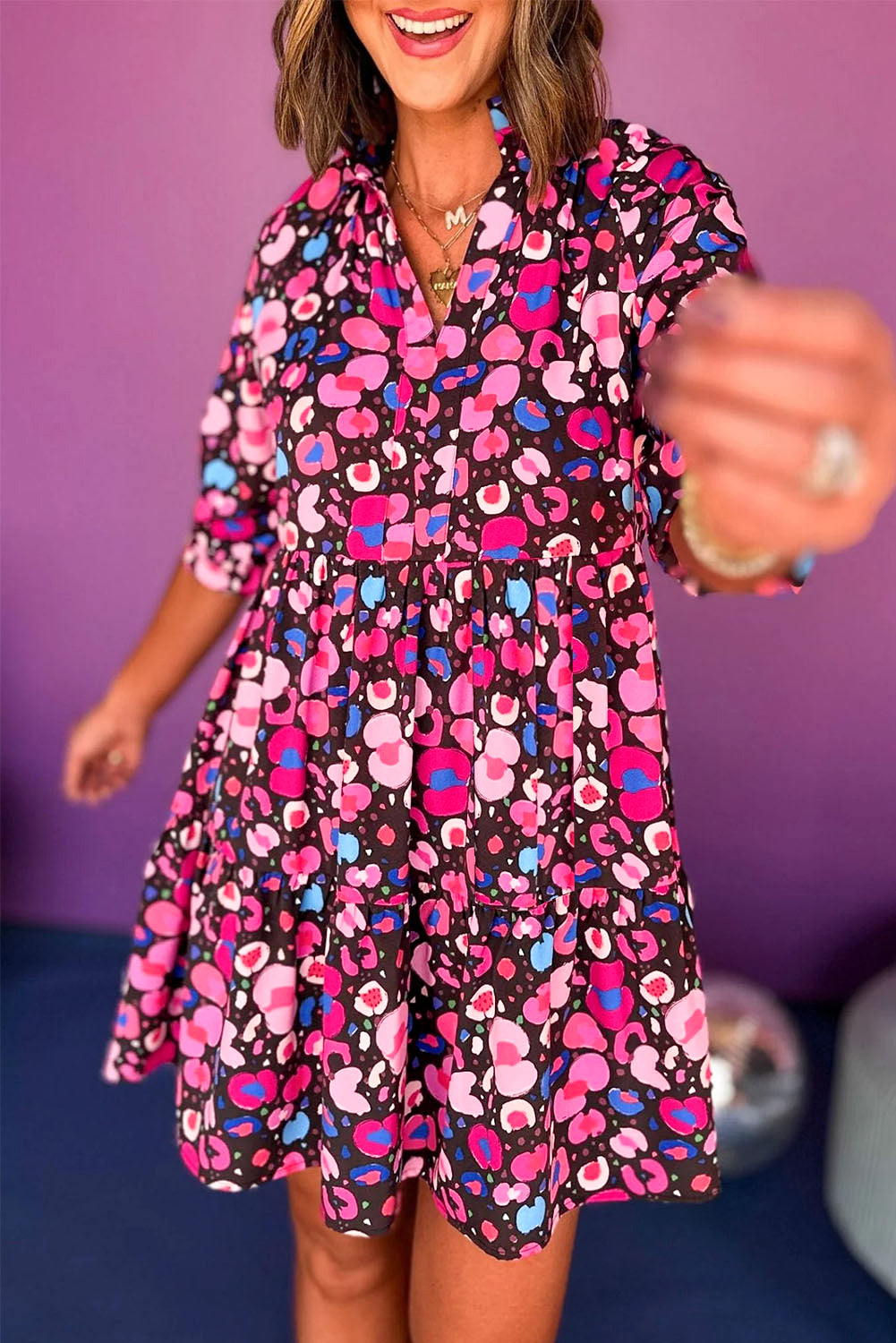 Pink Abstract Print V-Neck Collared Half Sleeve Cotton Shift Dress