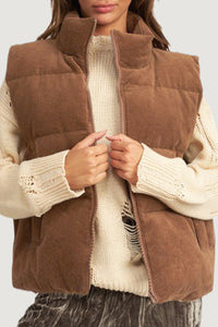 Light Brown Corduroy Stand Up Collar Zipped Puffer Vest