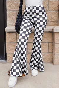 Black Checkered High Rise Casual Flared Pants