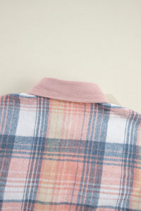 Light Pink & Blue Plaid Corduroy Color-block Chest Pockets Heavyweight Button-down Shirt