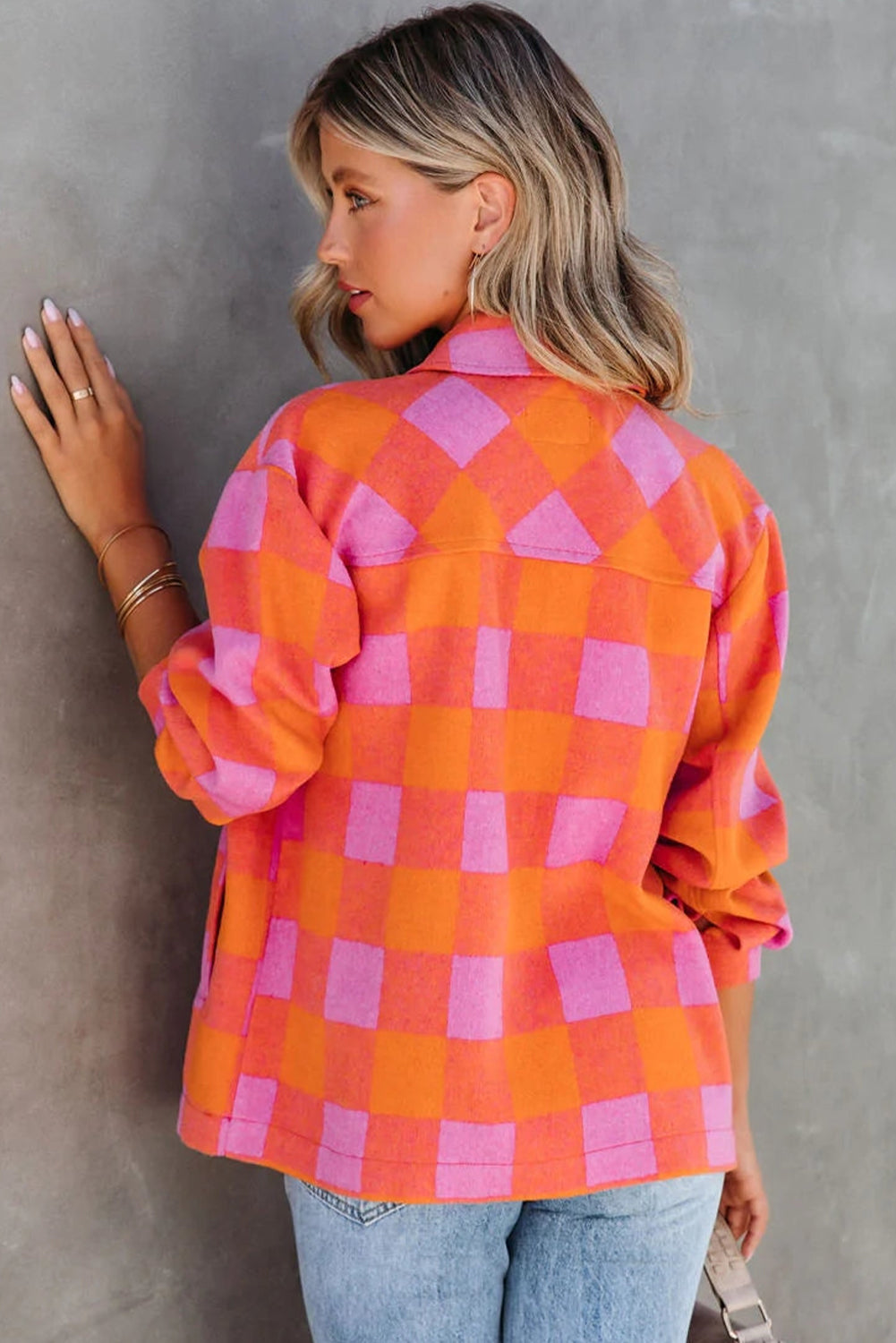 Orange and Pink Checkered Button Down Collared Jacket