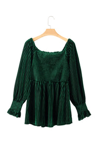 Velour Square Neck Smocked Long-sleeve Babydoll Top