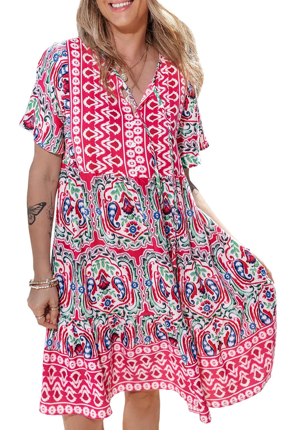 Fuchsia Pink Bohemian Print Tie Neck Ruffled Mini Dress