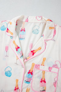 Plus Size Wine Glass Print Pink Bow Tie Shorts Pajama Set