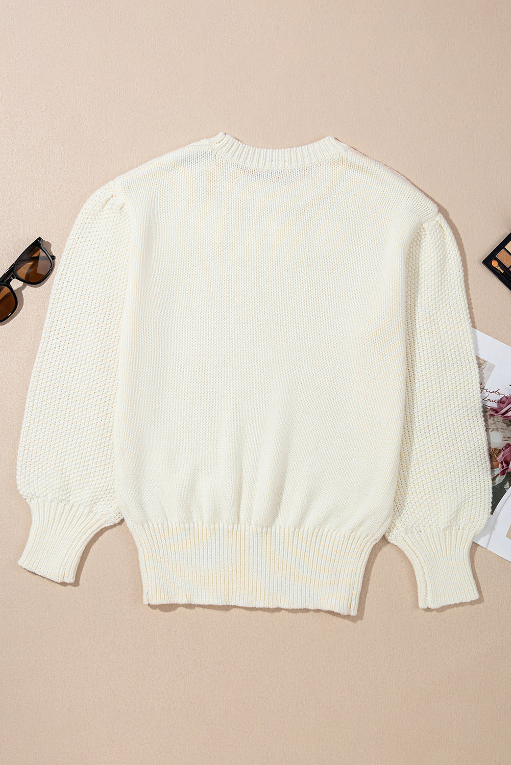 White Flower Embossed Neckline Puff Sleeve Sweater