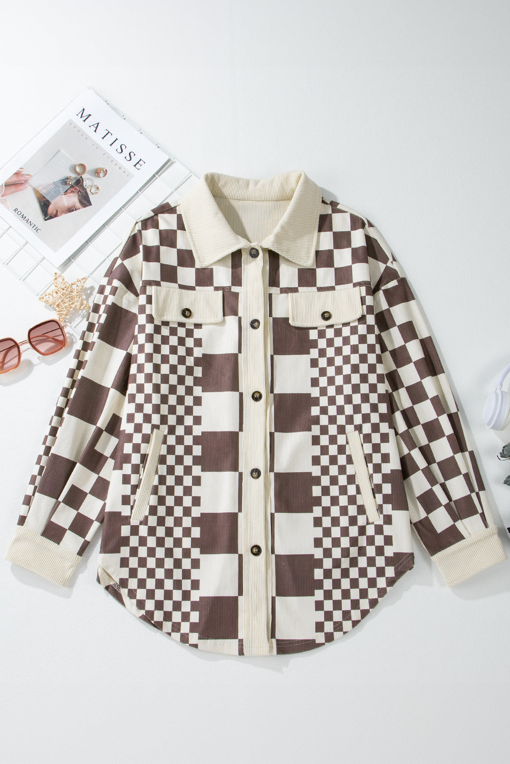 Brown Checkered Print Patchwork Corduroy Oversized Shacket