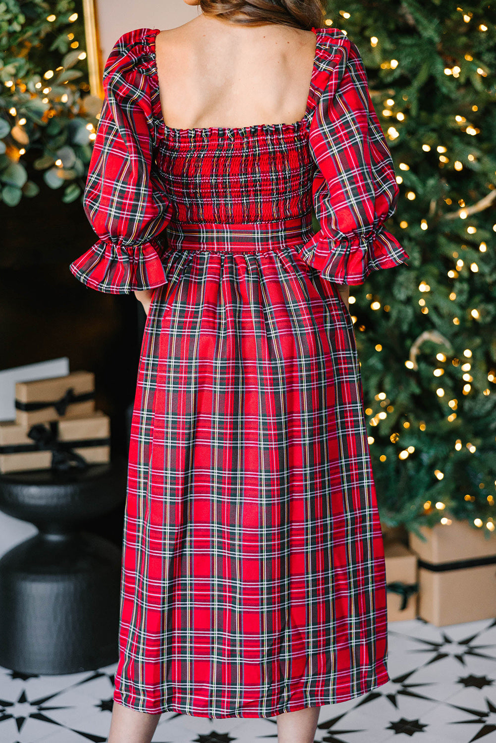 Red Tartan Plaid Smocked Square Neck 1/2 Puff Sleeve Tie Waist Midi Dress