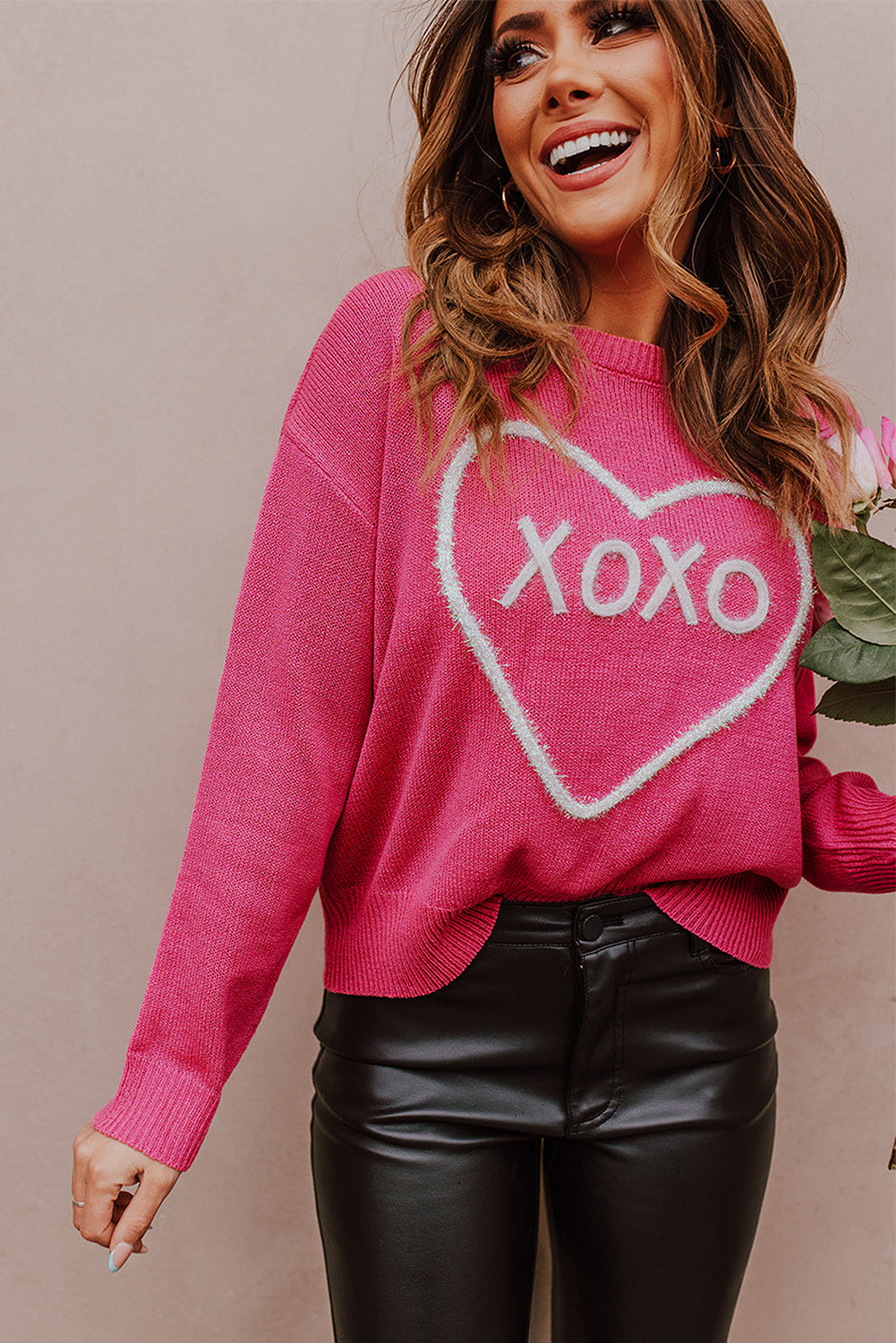 Pink Heart XOXO Drop Shoulder Rib Knit Sweater